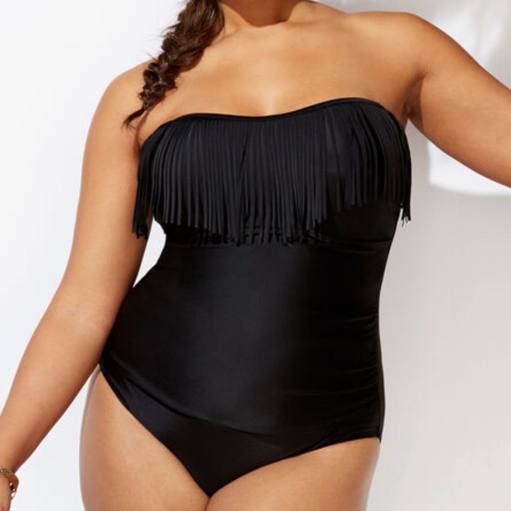 NWT Swimsuits For All solid black fringe bandeau one piece swimsuit size 14